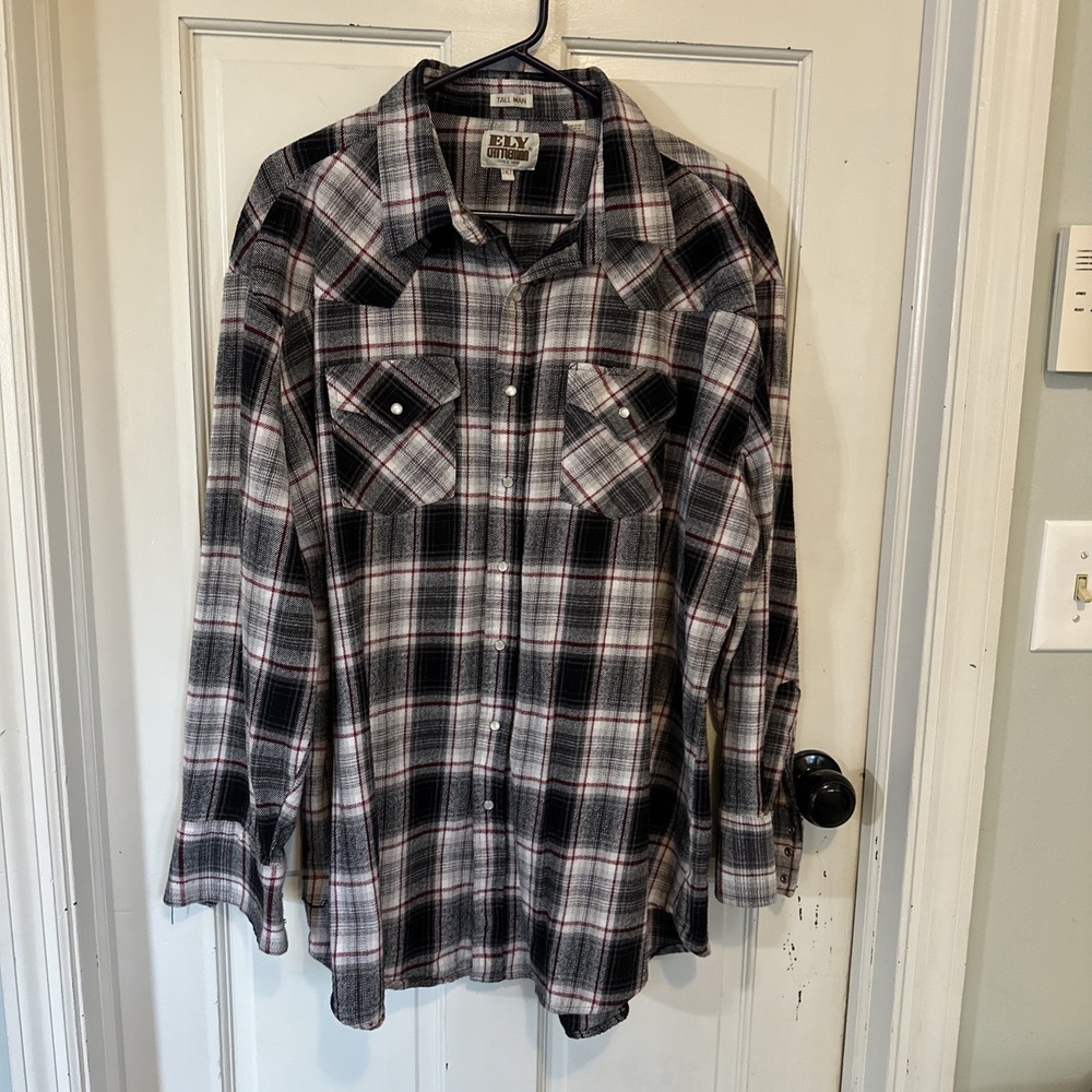 Ely Cattleman Tall Man Shirt‎ 2XLT Red Plaid Flannel Western Pearl Snap Cowboy
